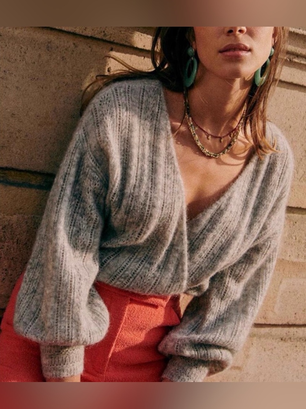 Sezane Soft V-Neck Ribbed Gray Women's Sweater